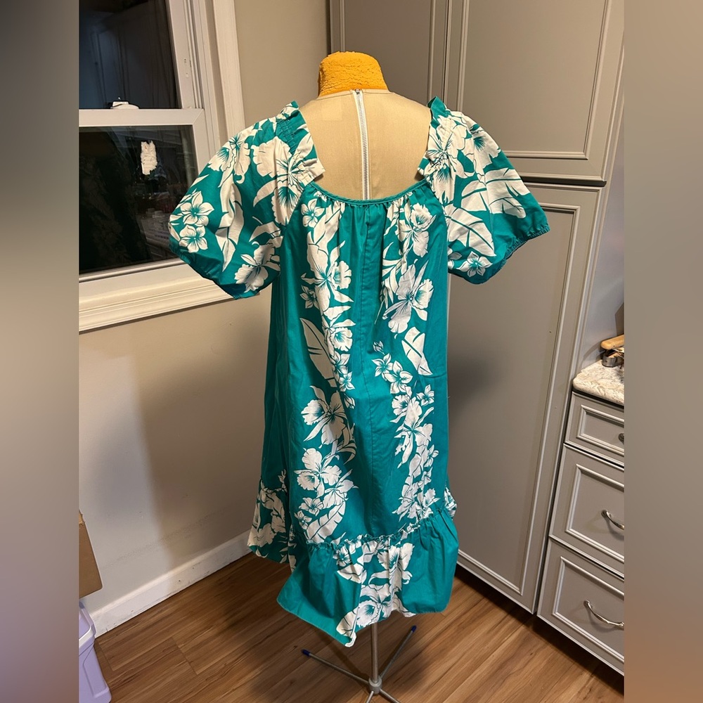 Vintage Hawaii Made Tropical Causal Dress Size Large Teal and White - Picture 2 of 7